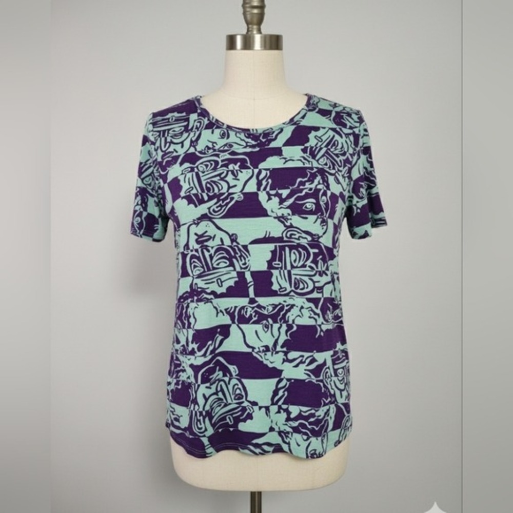 LuLaRoe Purple and Teal Graphic Short Sleeve Top Woman's XL